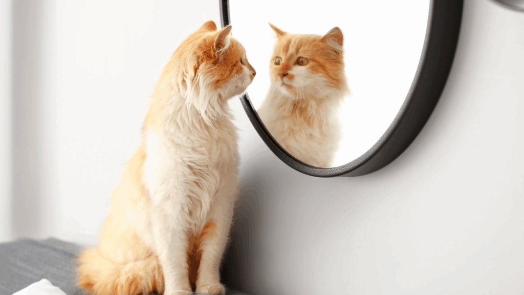 Orange cat looking at its reflection in a round mirror.