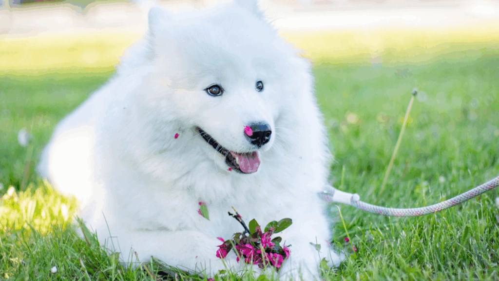 A fluffy white dog with a pink flower on its nose lying on grass.