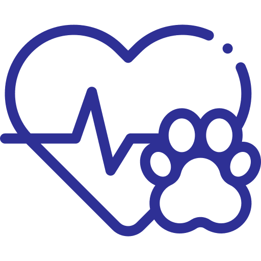 A blue heart with an EKG line and a paw print incorporated on the right side.