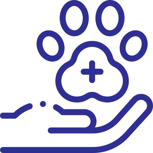 A blue outlined icon depicting a hand underneath a paw print with a plus sign.