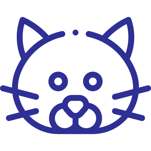 A simple line drawing of a cat face with whiskers.