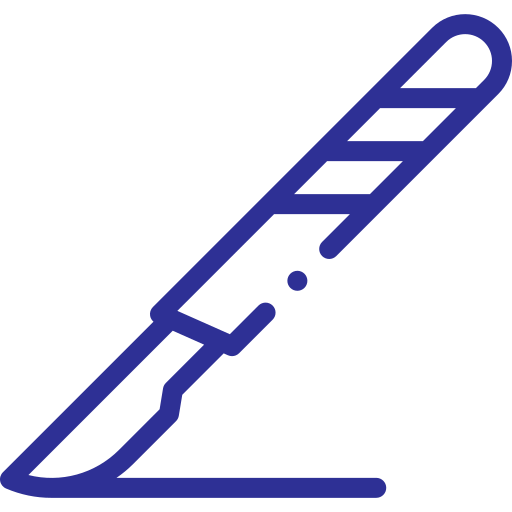 A blue line drawing of a scalpel, with detailed handle and sharp blade.