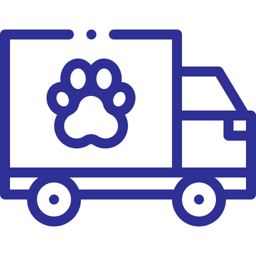 A simple icon of a delivery truck with a paw print on its side.