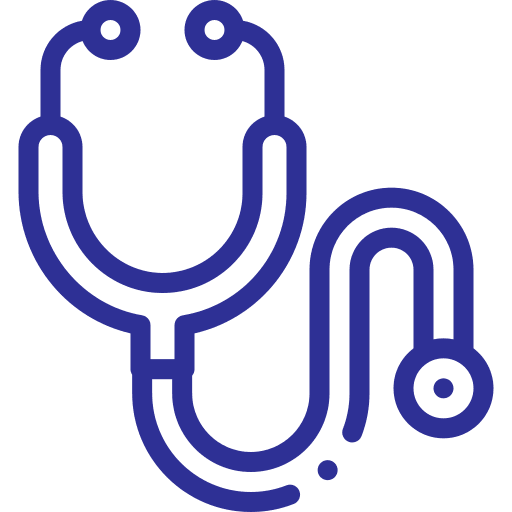 Blue line icon of a stethoscope.